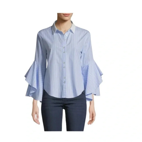 Jonathan Simkhai Blue White Ruffle sleeve Striped Oxford Button-down shirt M - Picture 1 of 9